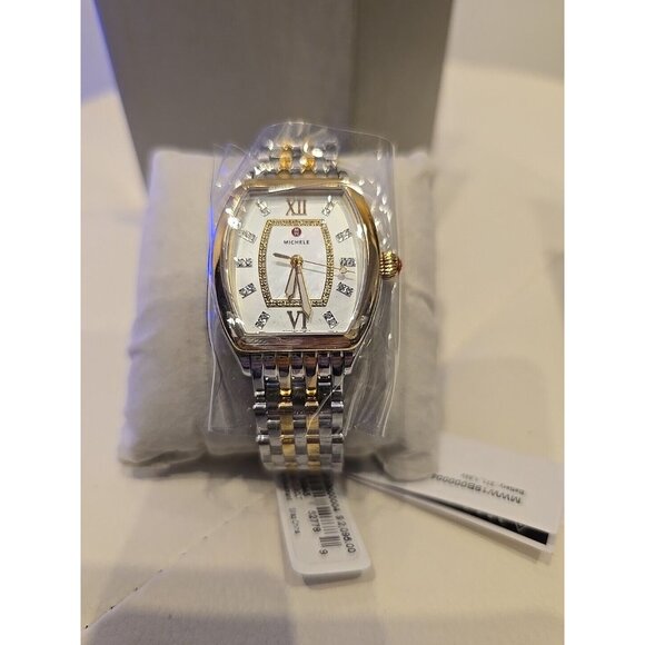 NEW MICHELE RELEVE MOP DIAMOND DIAL GOLD TWO TONE WATCH MWW19B000004 NEW IN BOX - Picture 2 of 8